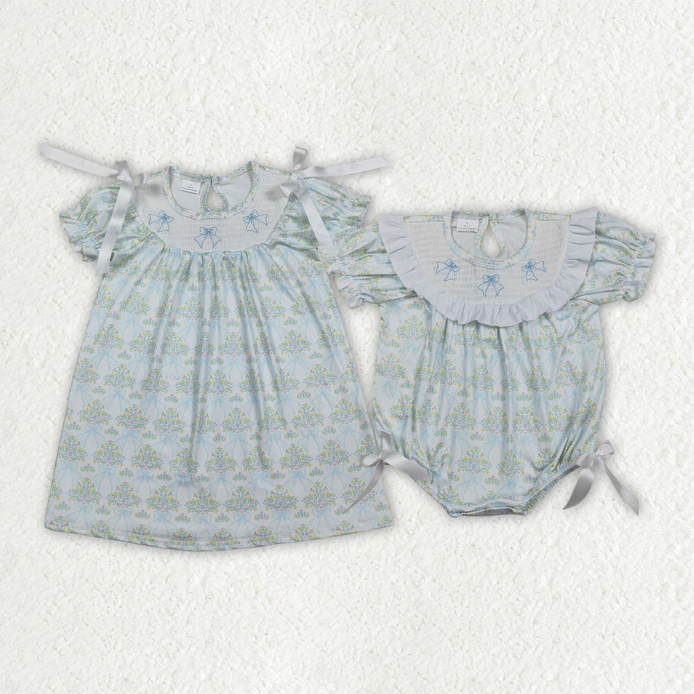 Sibling Smocked Bows Flower Checked Knee Length Dress Ruffle Rompers