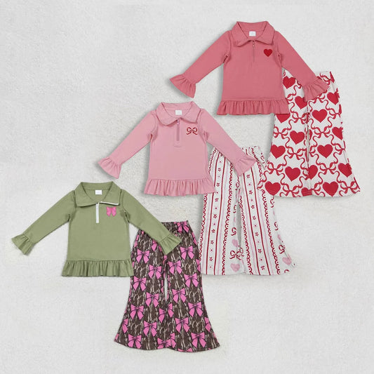 Sibling Baby Girls Embroidery Heart Bow Zip PUllover Flate Pants Valentines Outfit
