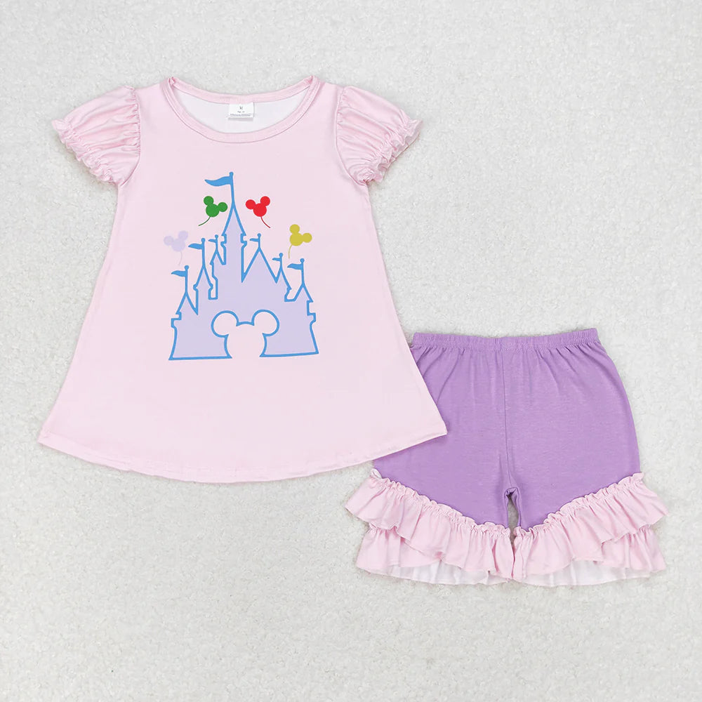 Sibling Baby Kids Short Sleeves Castle Cartoon Mouse Balloons Tunic Shorts Clothes Sets