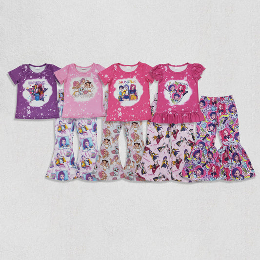 Sibling Baby Girls Short Sleeve Cartoon Demon Hunter Top Bell Bottom Pants Clothes Sets