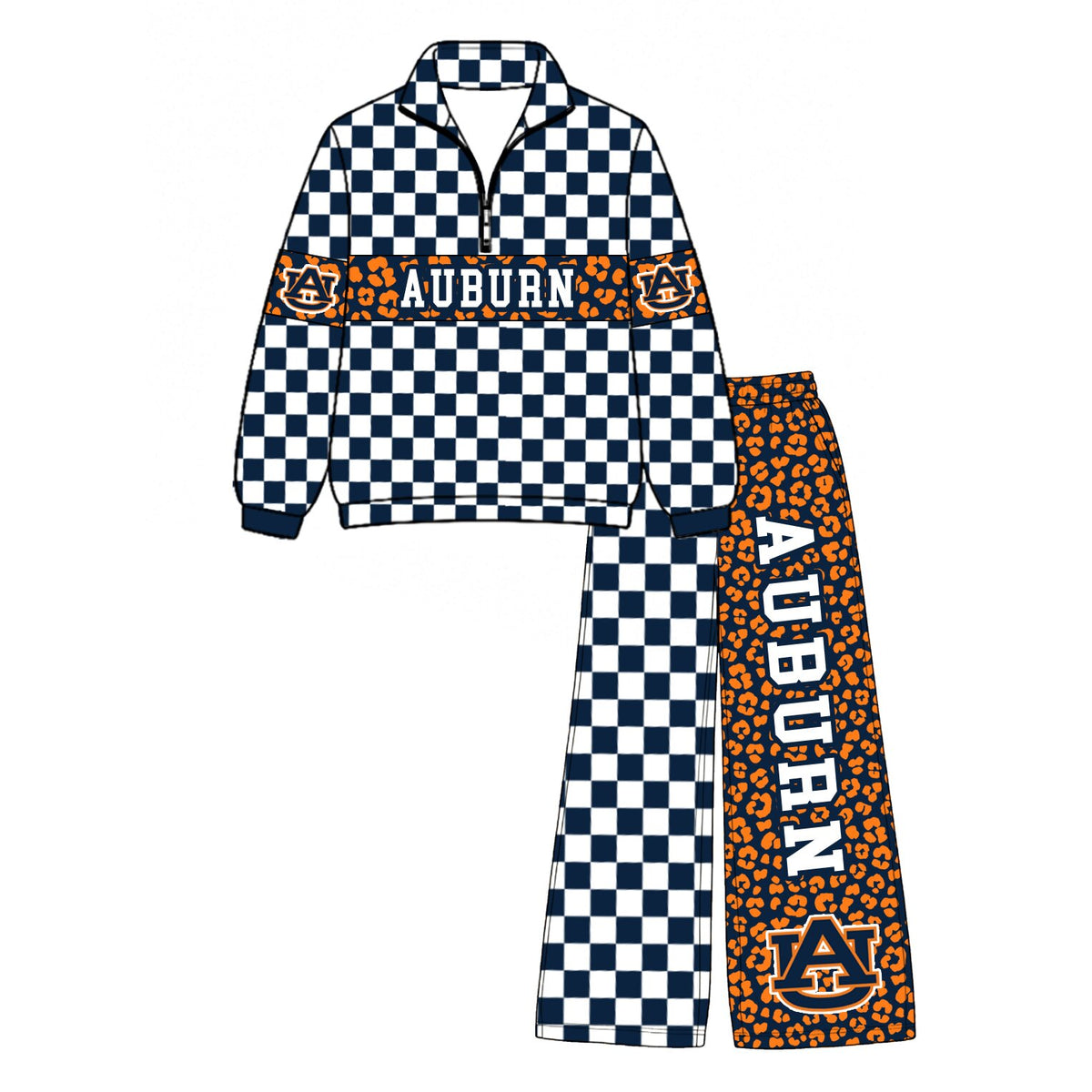 (Custom Design Preorder MOQ 5 Each)Teams Leopard Checkered Print Long Sleeve Zipper Top Split Pants Girls Clothes Set Sisters Wear