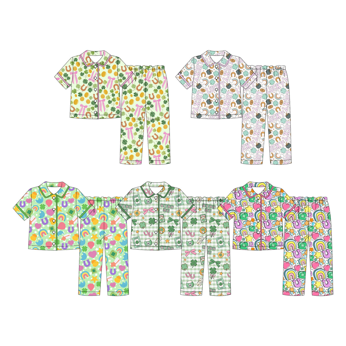 (Custom Design Preorder MOQ 5 Each)Lucky Rainbow Print Girls St Patrick Day Buttons Pajamas Clothes Set Sisters Wear