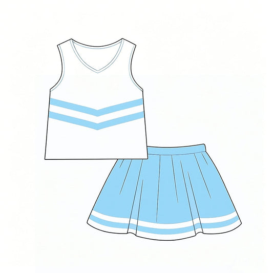(Custom Design Preorder MOQ 5) Teams Vest Top Columbia Blue Skort Girls Summer Cheer Clothes Set
