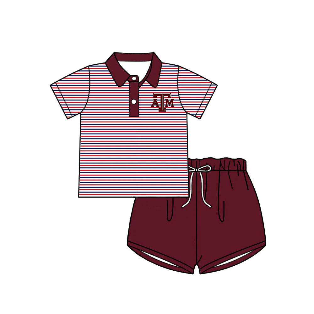 (Custom Design Preorder MOQ 5) Baby Girls Red Stripe A&M Button Polo Top Shorts Team Clothes Sets