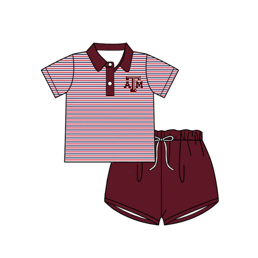 (Custom Design Preorder MOQ 5) Baby Girls Red Stripe A&M Button Polo Top Shorts Team Clothes Sets