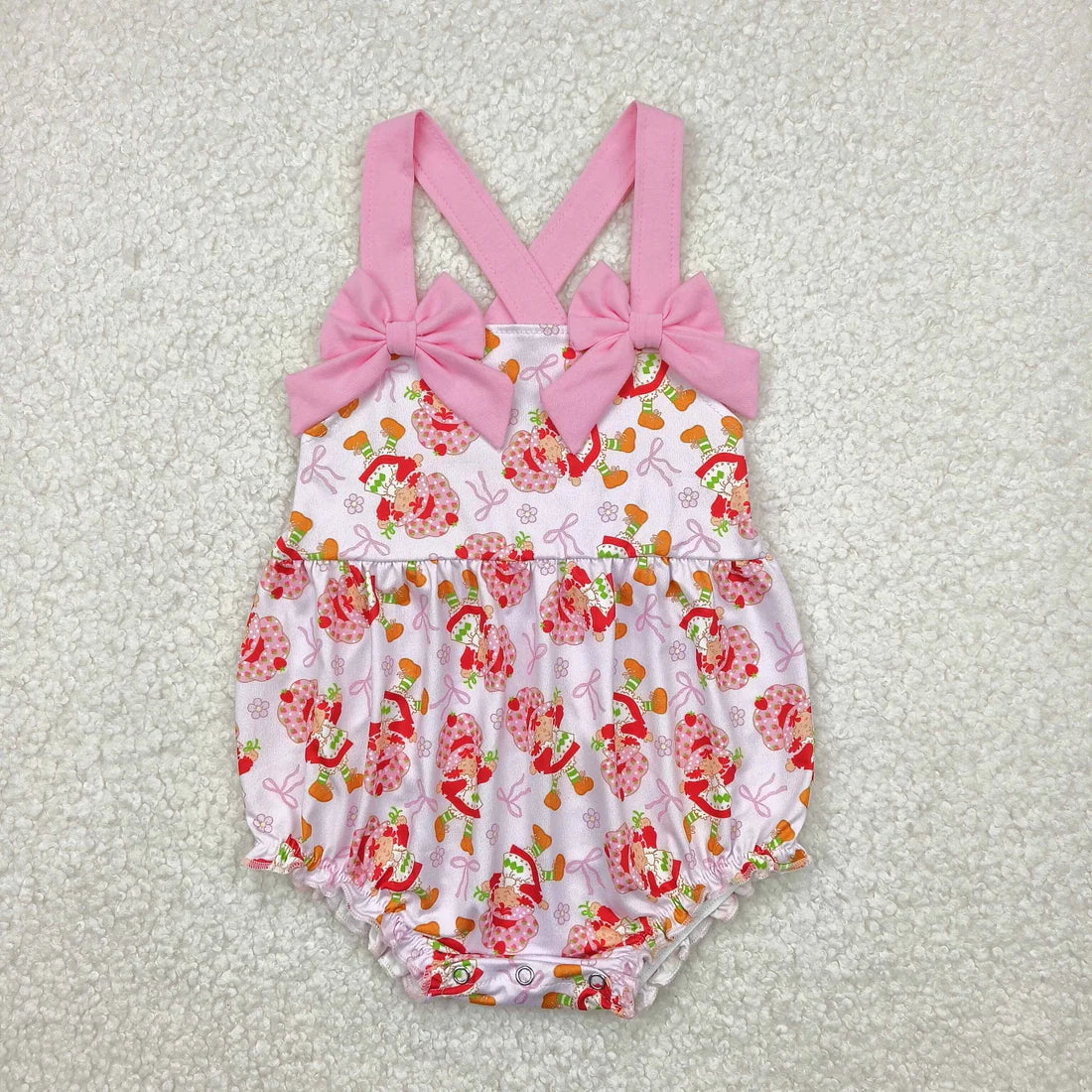 Sibling Baby Girls Pink Strap Bows Strawberry Floral Knee Length Dresses Rompers