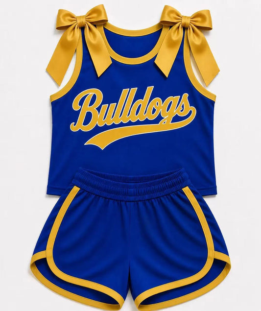 (Custom Design Preorder MOQ 5) Girls Yellow Bow  Blue Strap Bulldogs Tank  & Shorts Sport Team Outfit