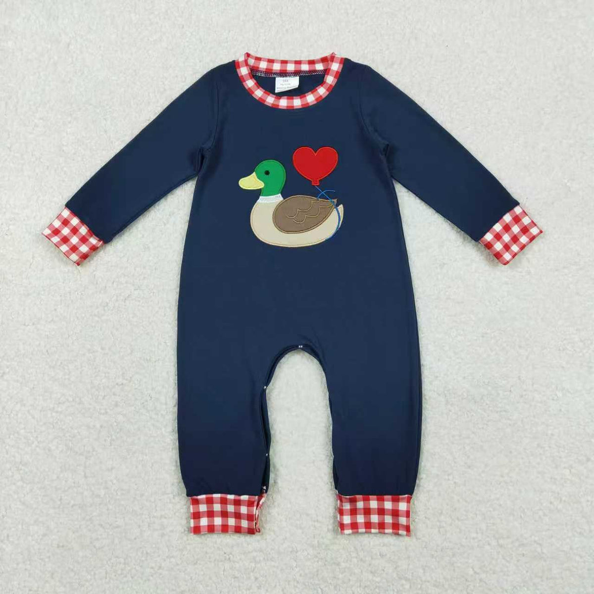 Sibling Baby Girls Boys Embroidery Duck Heart Navy Top Red Gingham Pants Set Footie Romper