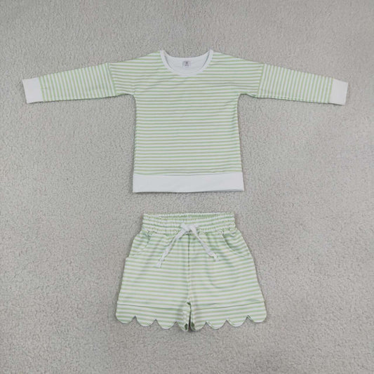 GLS0154 Light Green Stripes Girls Long Sleeve Top Scallop Shorts Active Outfit
