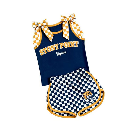 (Custom Design Preorder MOQ 5) Girls  Christopher  Bow Strap Tank & Navy Checked Shorts Sport Team Outfit