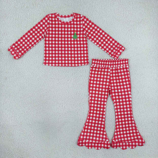 GLP3590 Tree Embroidery Red Gingham Top Flare Pants Girls Christmas Scalloped Outfit