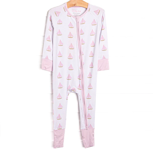 (Custom Design Preorder MOQ 5 ) Sailboat Pink Print Baby Girls Fall Zipper Sleeper Romper