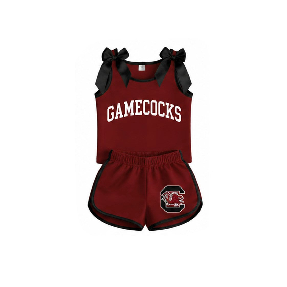 7.4 Preorder Girls Gamecocks Black Bow Dark Red Strap Tank &  Shorts 2 Piece Outfit