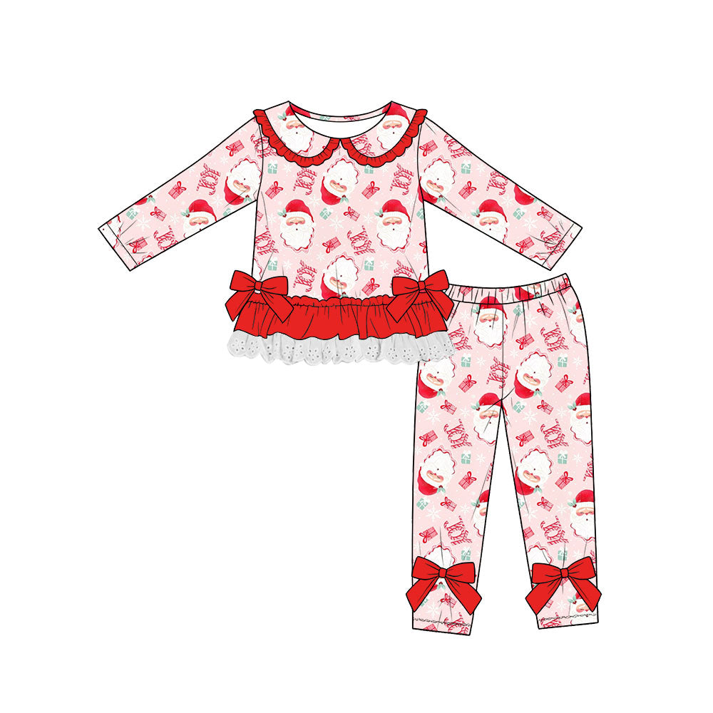 (Custom Design Preorder MOQ 5) Santa JOY Pink Ruffle Top Legging Pants Girls Christmas Clothes Set