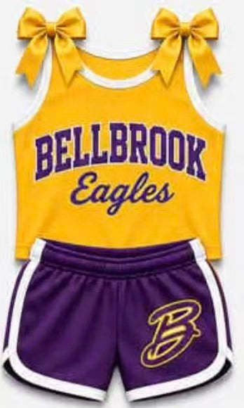 (Custom Design Preorder MOQ 5) Girls Bellbrook Bow Strap Tank & Purple Shorts Sport Team Outfit