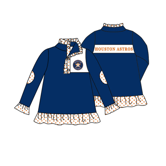 Preorder (moq 5)Baby Girls Navy Long Ruffle Sleeve Houston Astros Team Zip Pullovers Top