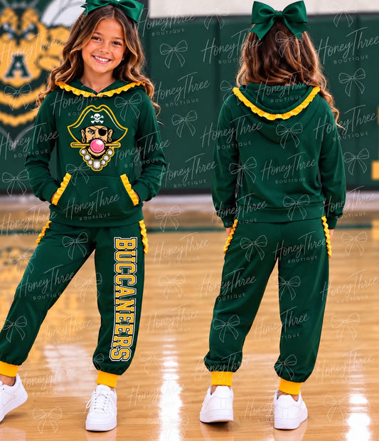 (Custom Design Preorder MOQ 5) Teams BUCCANEERS Print Green With Yellow Ruffles Hoodie Top Pockets Joggers Pants Girls Yoga Clothes Set