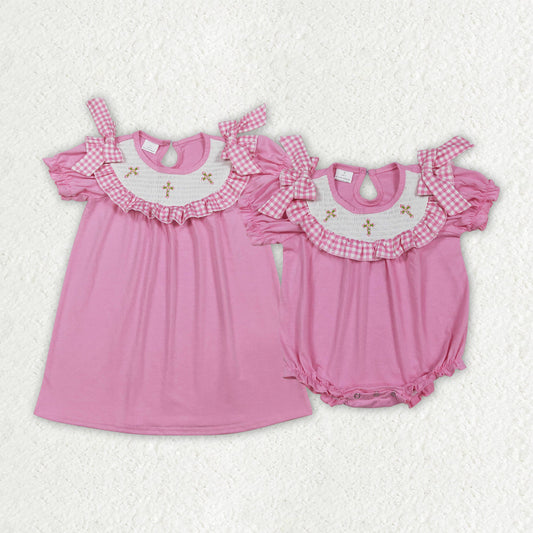Sibling Smocked Crosses Baby Girls Pink Short Sleeve Easter Knee Length Dress Ruffle Rompers