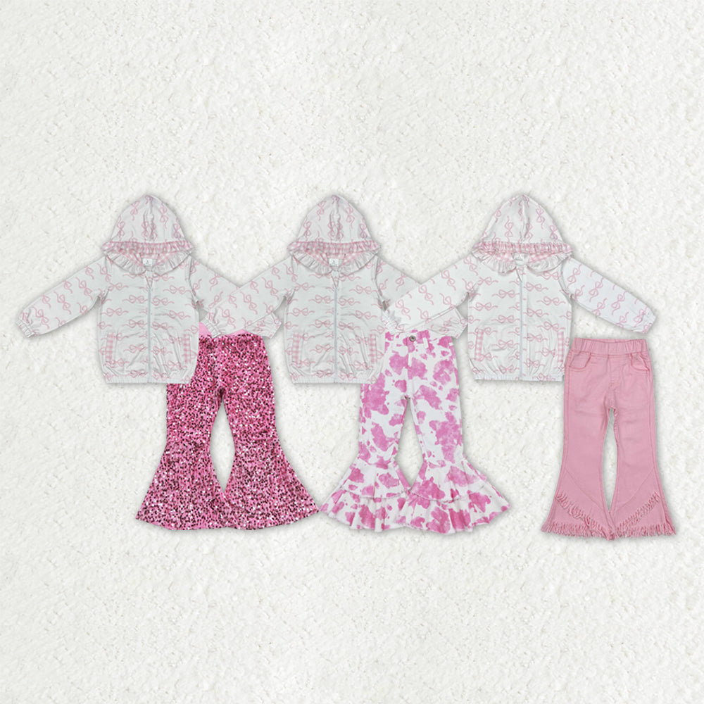 Sibling Baby Girls Bows Zipper Hoodie Jacket Sequin Denim Bell Bottom Pant Clothes Set
