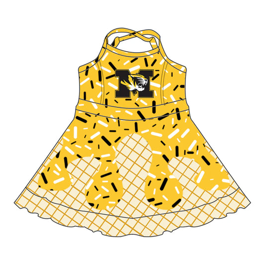 (Custom Preorder MOQ 5) Baby Girls Drip Sprinkles M Tigers Team Shorts Ruffle Knee Length Dress