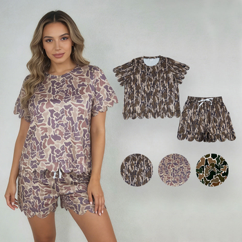 3 Colors Camo Print Woman Summer Scallop Clothes Set Sisters Wear