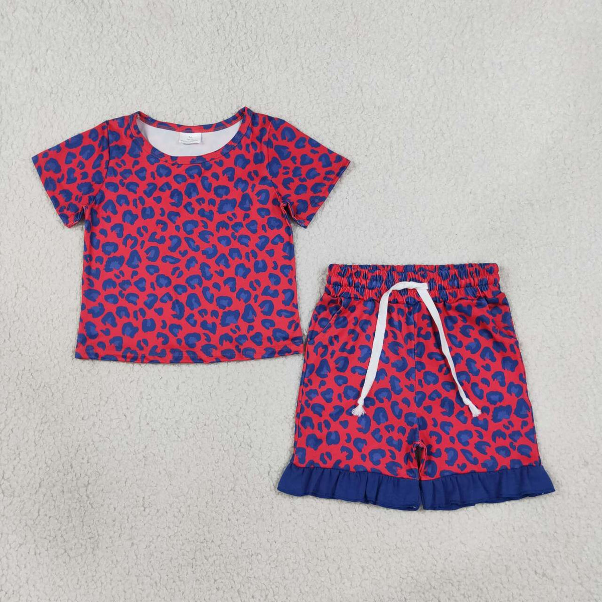 GSSO3811 Red Blue Leopard Top Pockets Shorts Girls Summer Clothes Set