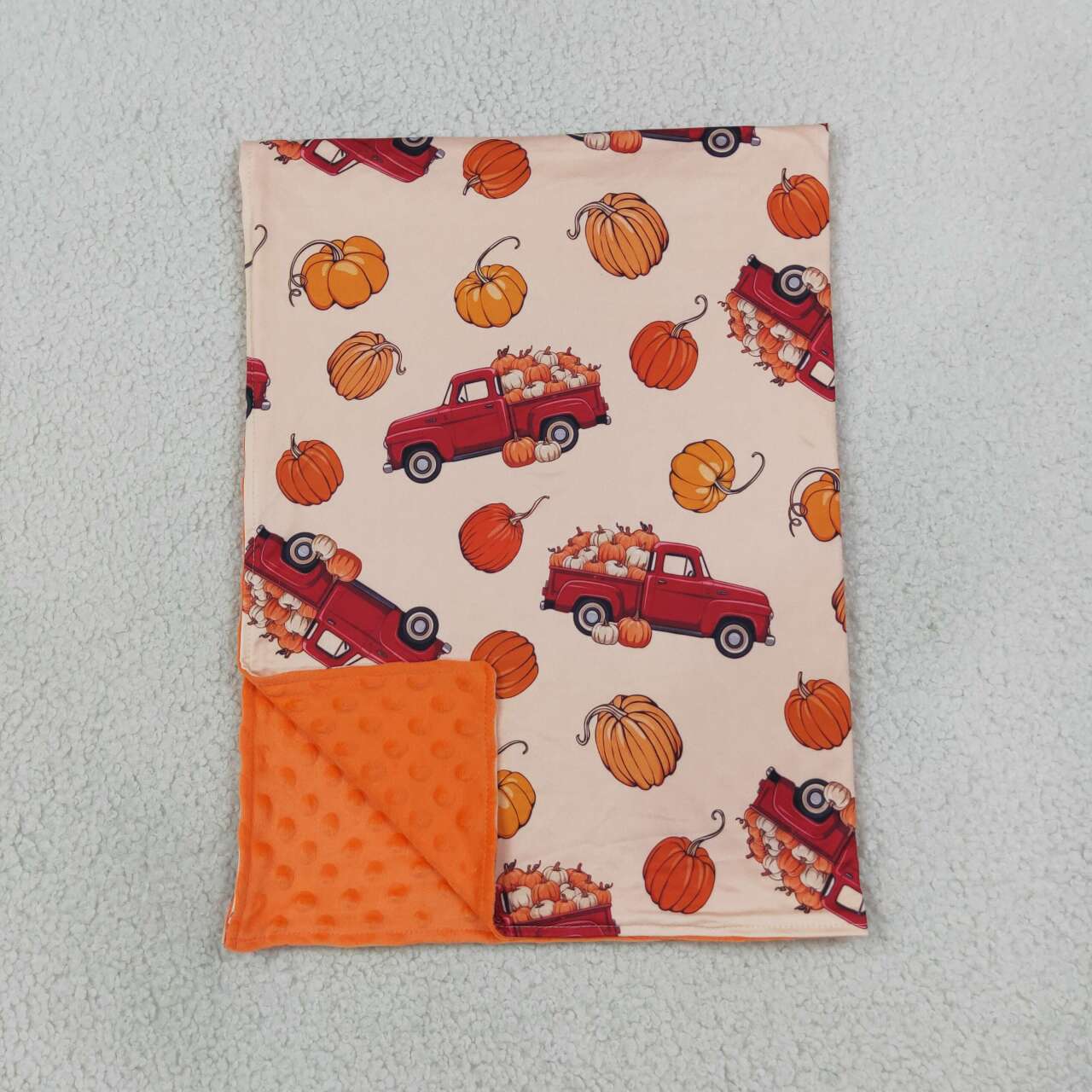 BL0289 Trucks Pumpkin Print Baby Fall Minky Blanket