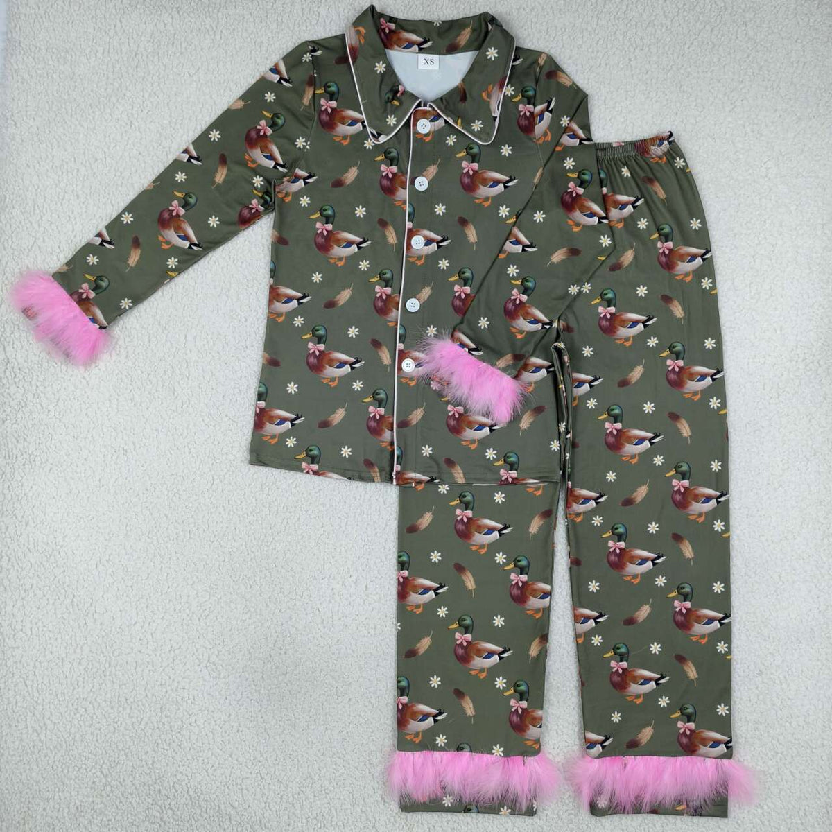 GLP3628 Adult Mallard Duck Print Woman Fur Buttons Pajamas Clothes Set
