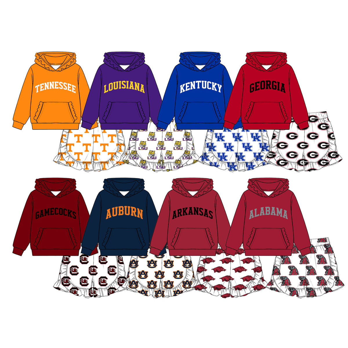 (Custom Design Preorder MOQ 5 Each)Teams Logo Hoodie Top Ruffle Shorts Girls Clothes Set Sisters Wear