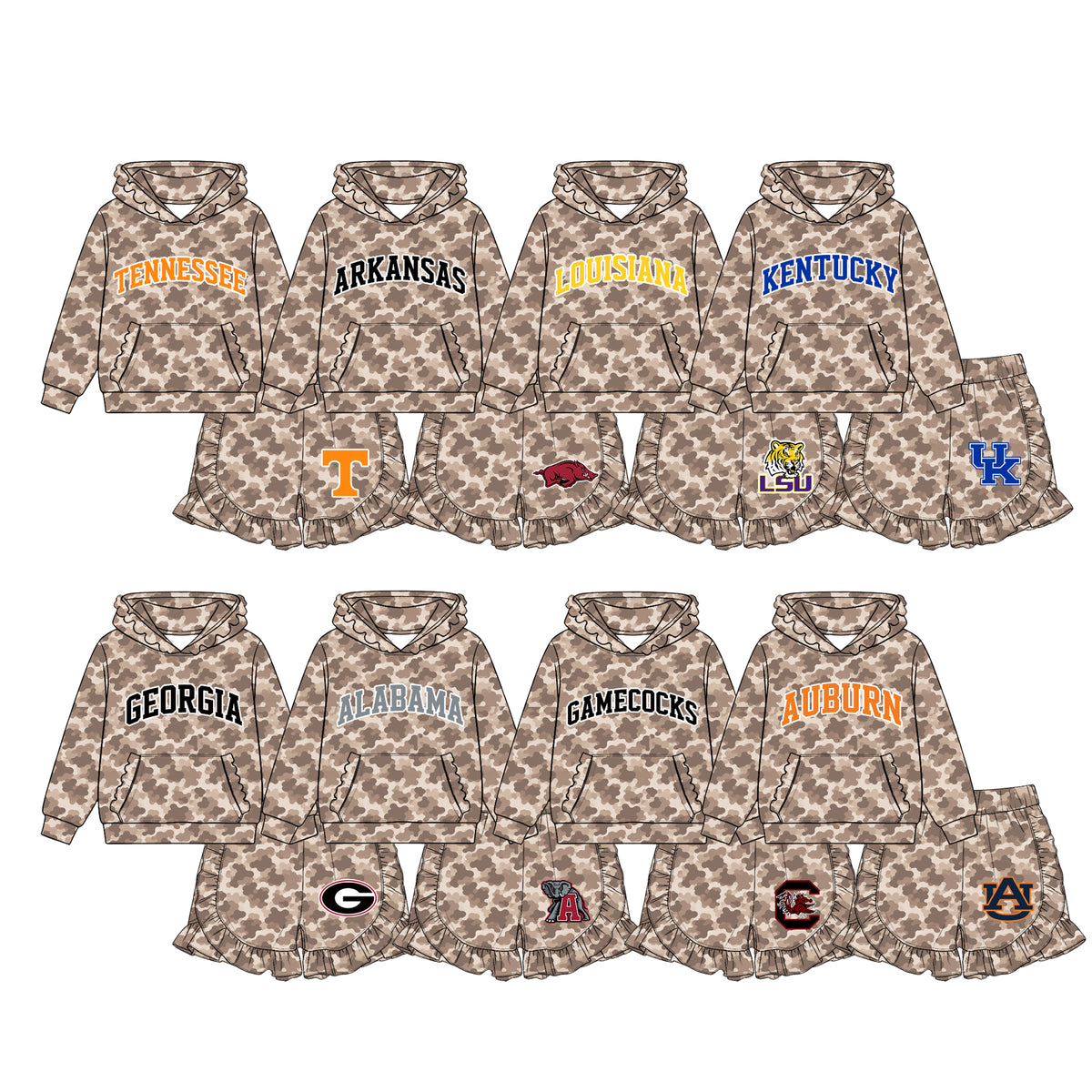 (Custom Design Preorder MOQ 5 Each)Teams Logo Brown Camo Hoodie Top Ruffle Shorts Girls Clothes Set Sisters Wear