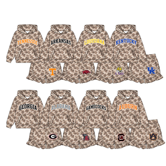(Custom Design Preorder MOQ 5 Each)Teams Logo Brown Camo Hoodie Top Ruffle Shorts Girls Clothes Set Sisters Wear