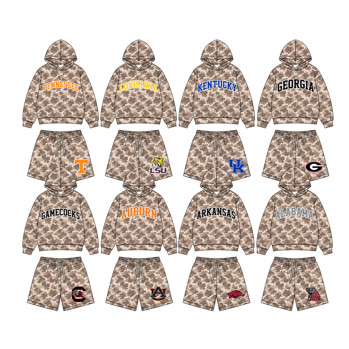 (Custom Design Preorder MOQ 5 Each)Teams Logo Brown Camo Hoodie Top Pockets Shorts Boys Clothes Set Brothers Wear