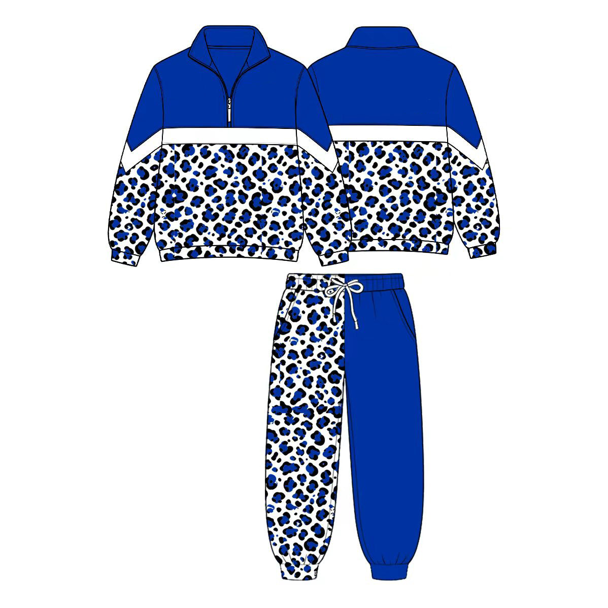 (Custom Design Preorder MOQ 5 Each)Teams Leopard Print Long Sleeve Zipper Top Split Pants Girls Clothes Set Sisters Wear