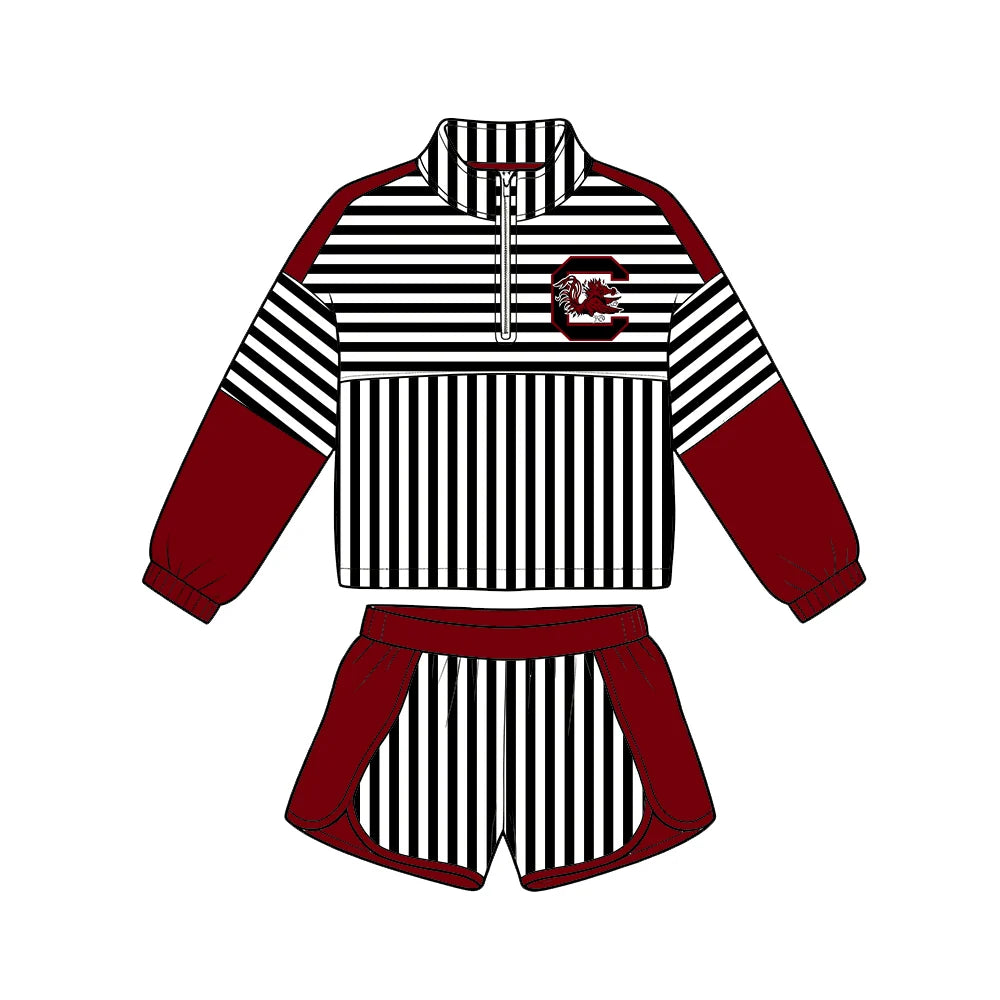(Custom Design Preorder MOQ 5) Baby Girls Black Stripe Gamecocks Zip Pullovers Short Team Clothes Set