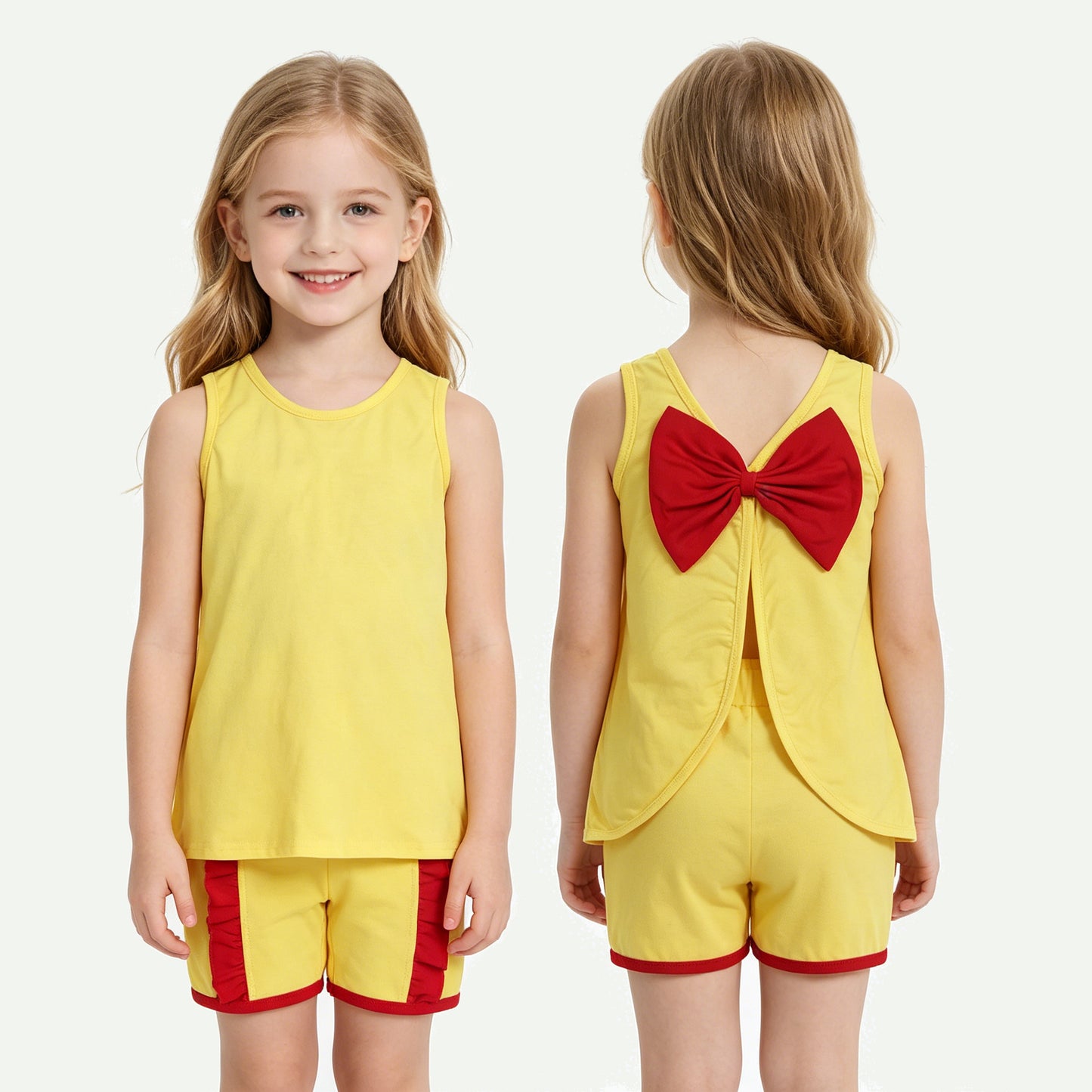 Cartoon Princess Yellow Backless Top Red Ruffle Shorts Girls Summer Cotton Clothes Set