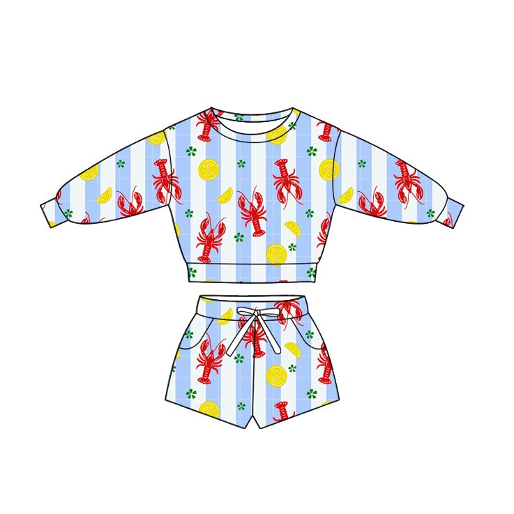 (Custom Design Preorder MOQ 5 Each) Crayfish Stripes Long Sleeve Top Pockets Shorts Girls Clothes Set Sisters Wear