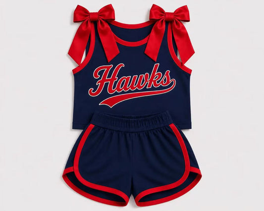(Custom Design Preorder MOQ 5) Girls  Bow Strap Hawks Tank  & Shorts Sport Team Outfit