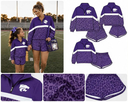(Custom Design Preorder MOQ 5) Teams Kansas State Wildcats Purple Leopard Long Sleeve Zipper Top Shorts Mommy and Me Outfits