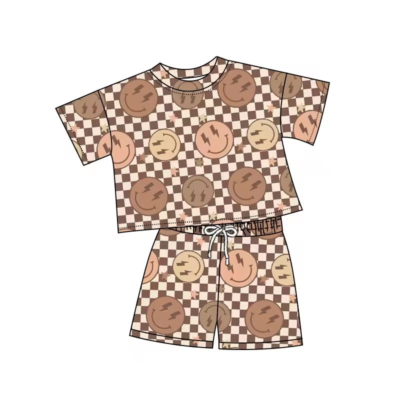 (Custom Design Preorder MOQ 5) Smiling Plaid Brown Print Kids Summer Clothes Set