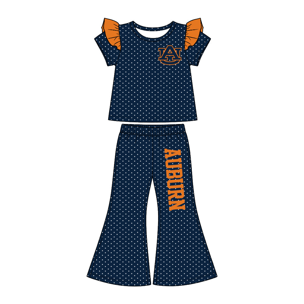 (Custom Design Preorder MOQ 5 Each)Teams Logo Dots Print Short Sleeve Top Bell Pants Girls Clothes Set Sisters Wear