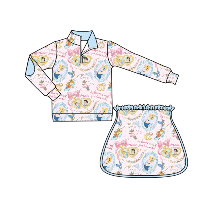 (Custom Design Preorder MOQ 5) Cartoon Princess Pumpkin Zipper Pullover Top Skort Girls Clothes Set