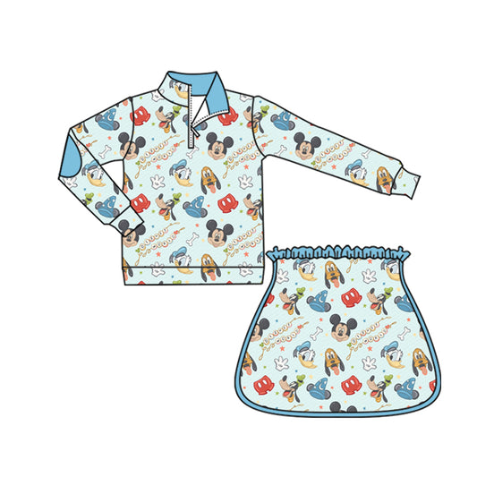 (Custom Design Preorder MOQ 5) Cartoon Princess Mouse Blue Zipper Pullover Top Skort Girls Clothes Set