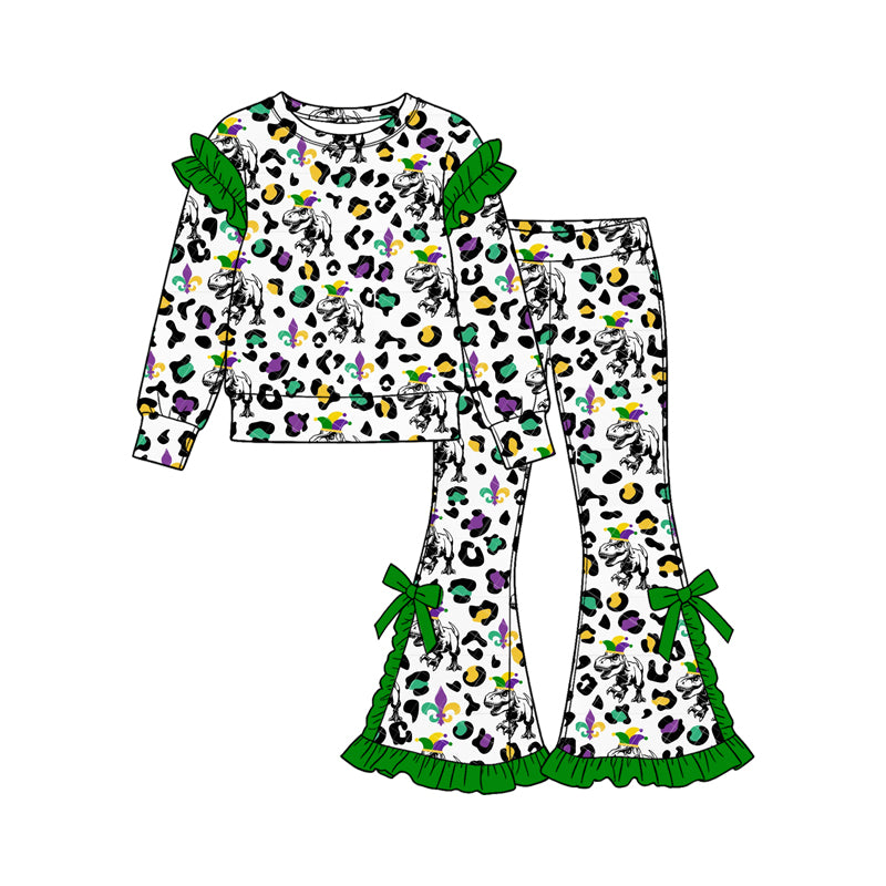 (Custom Design Preorder MOQ 5 Each) Dino Colorful Leopard Print Girls Mardi Gras Clothes Set Sisters Wear