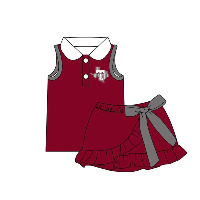 Preorder (moq 5) Girls Texas A&M Texas Map T Logo Maroon Grey Collared Sleeveless Polo Top & Big Bow Ruffle Skort Game Day Outfit Set