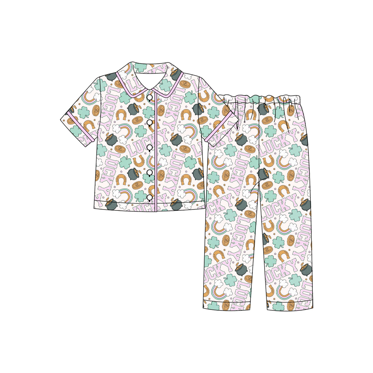 (Custom Design Preorder MOQ 5 Each)Lucky Rainbow Print Girls St Patrick Day Buttons Pajamas Clothes Set Sisters Wear