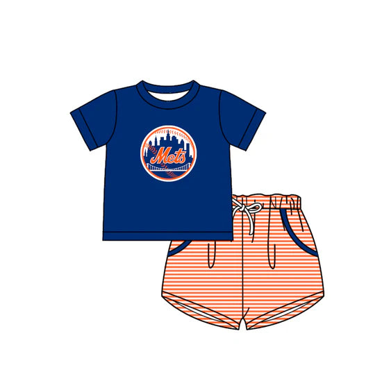 (Custom  Preorder MOQ 5) Baby Boys New York Mets Top Checked Ruffle Short Team Outfit
