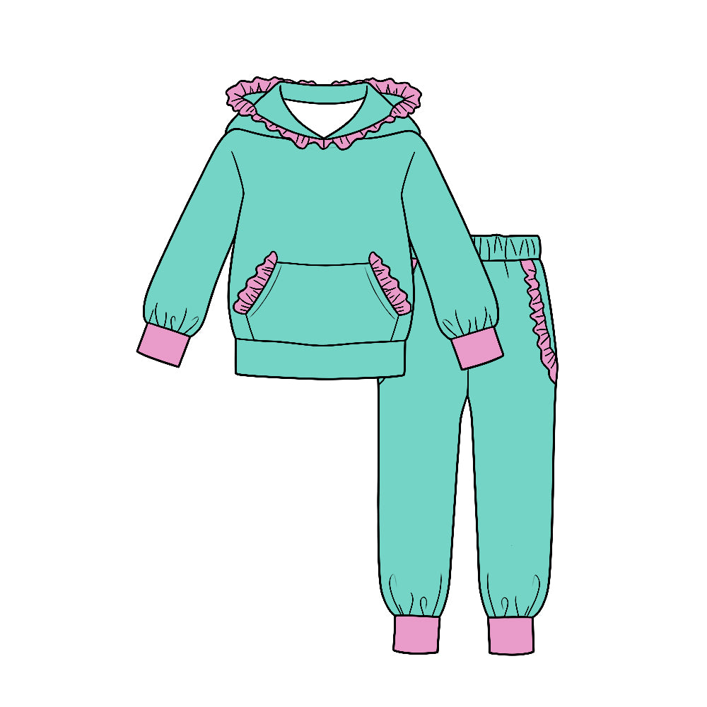 (Custom Design Preorder MOQ 5) Turquoise Cotton Pink Ruffles Hoodie Top Pockets Joggers Pants Girls Clothes Set