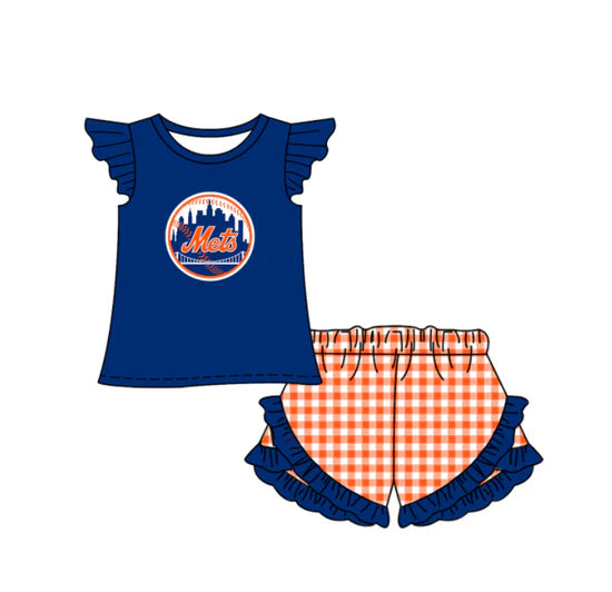 (Custom  Preorder MOQ 5) Baby Girls New York Mets Top Checked Ruffle Short Team Outfit