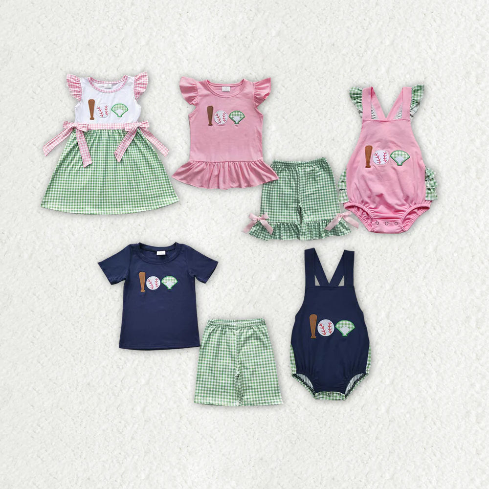 Sibling Boys Baby Girls Baseball Green Checkered Summer Outfits Suits