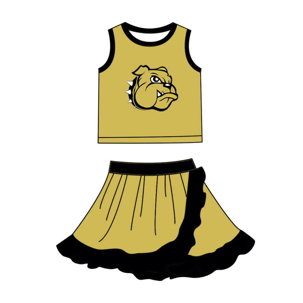 (Custom  Preorder MOQ 5) Baby Girls Gold Bulldogs Vest Top Ruffle Skirt Short Team Clothes Sets